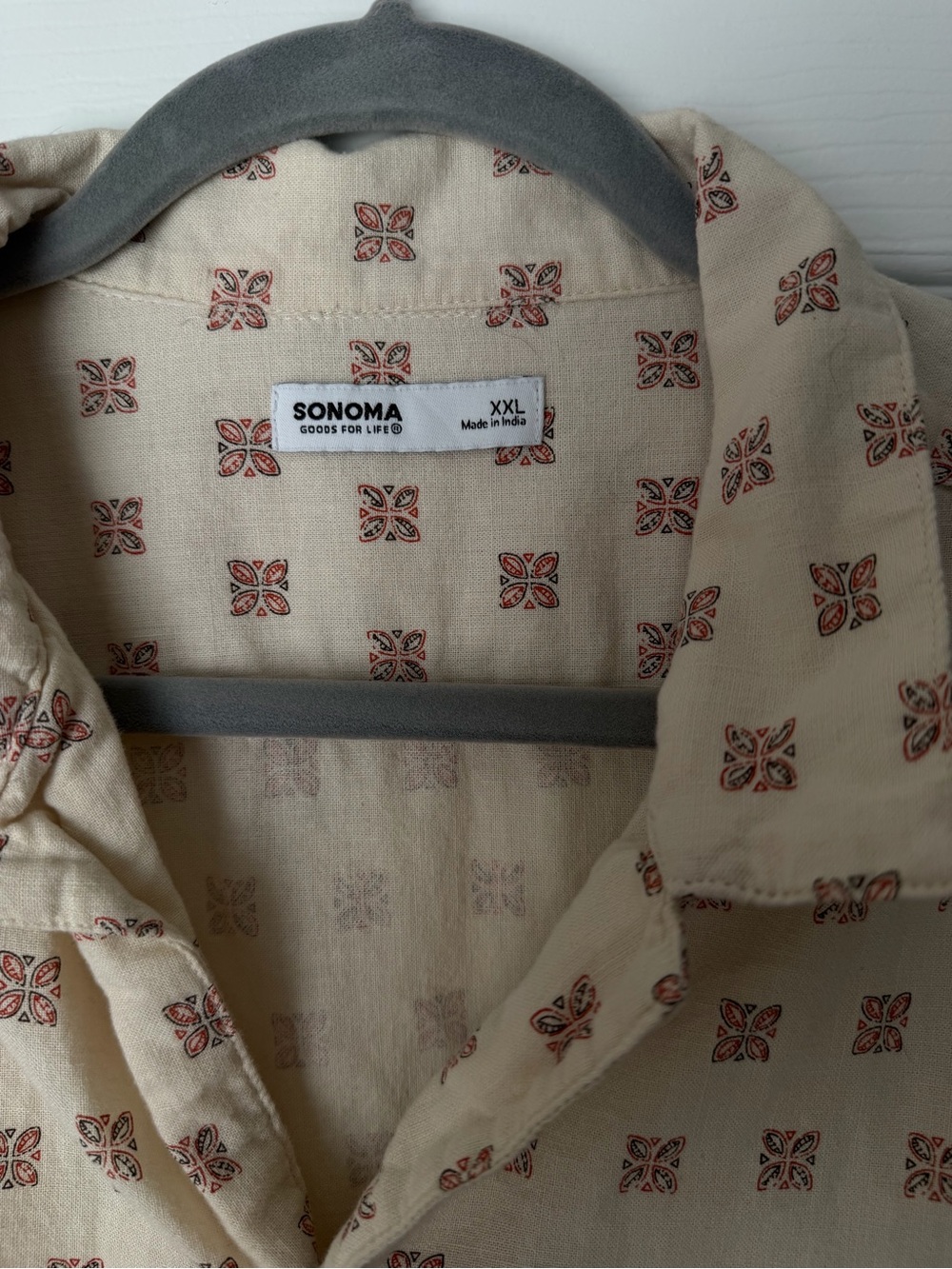 SONOMA Beige Short-Sleeve Button-Down Shirt with Rust Print - XXL